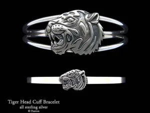 Tiger Head Cuff Bracelet Sterling Silver