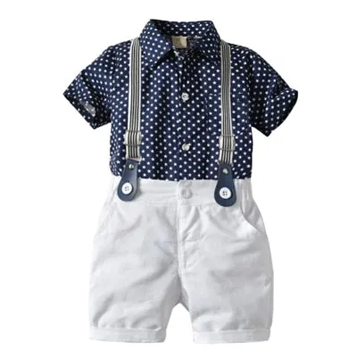 Toddler Boy Clothes Set Navy Stars Shirt Tops   White Shorts with Belt Fashion Clothing Set for Baby Boy Short Suit