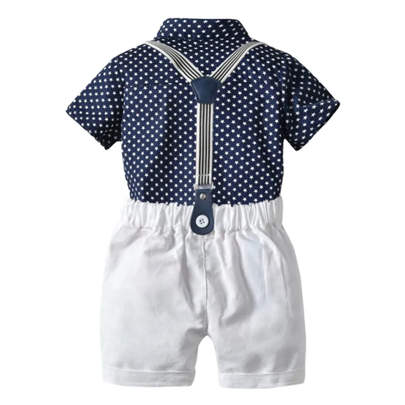 Toddler Boy Clothes Set Navy Stars Shirt Tops   White Shorts with Belt Fashion Clothing Set for Baby Boy Short Suit