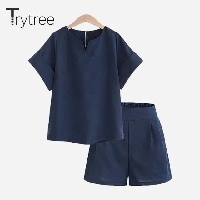 Trytree Spring summer Women two piece set Casual Cotton tops   short