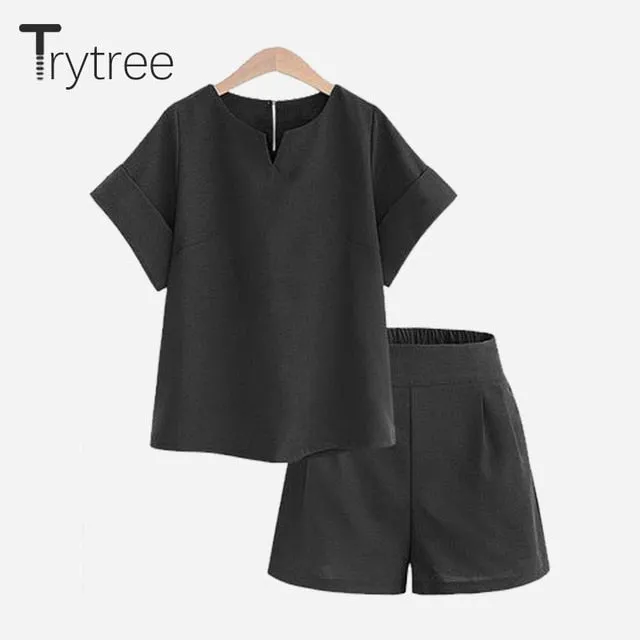 Trytree Spring summer Women two piece set Casual Cotton tops   short