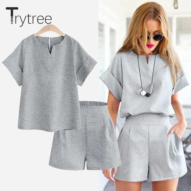 Trytree Spring summer Women two piece set Casual Cotton tops   short
