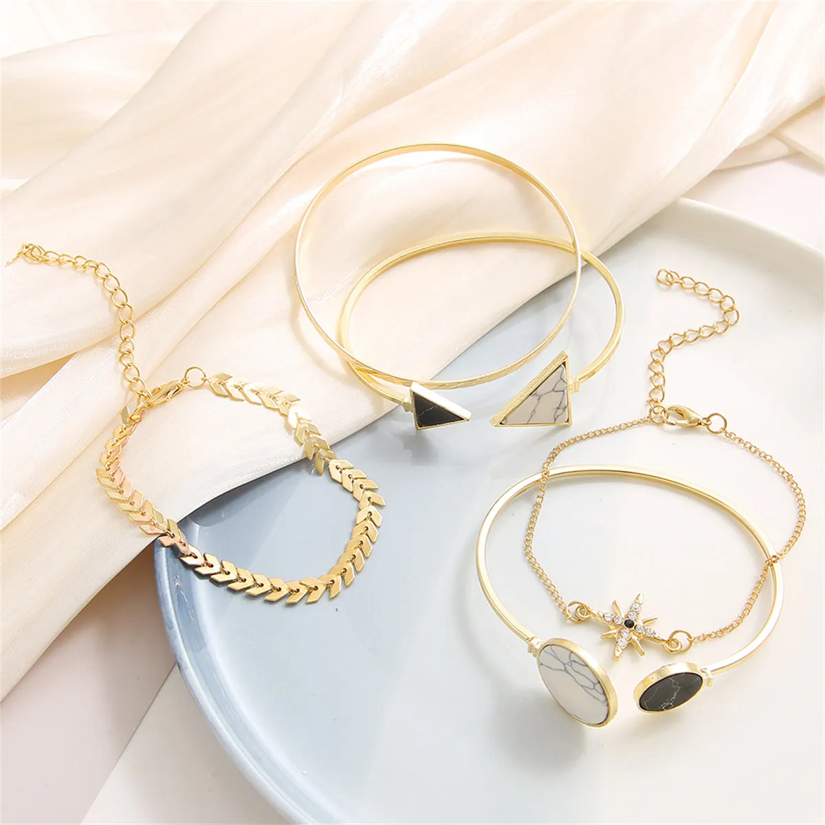 Turquoise & Cubic Zirconia 18K Gold-Plated Sun Charm Cuff Bracelet Set