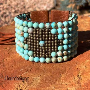 Turquoise and Leather Loom Cuff