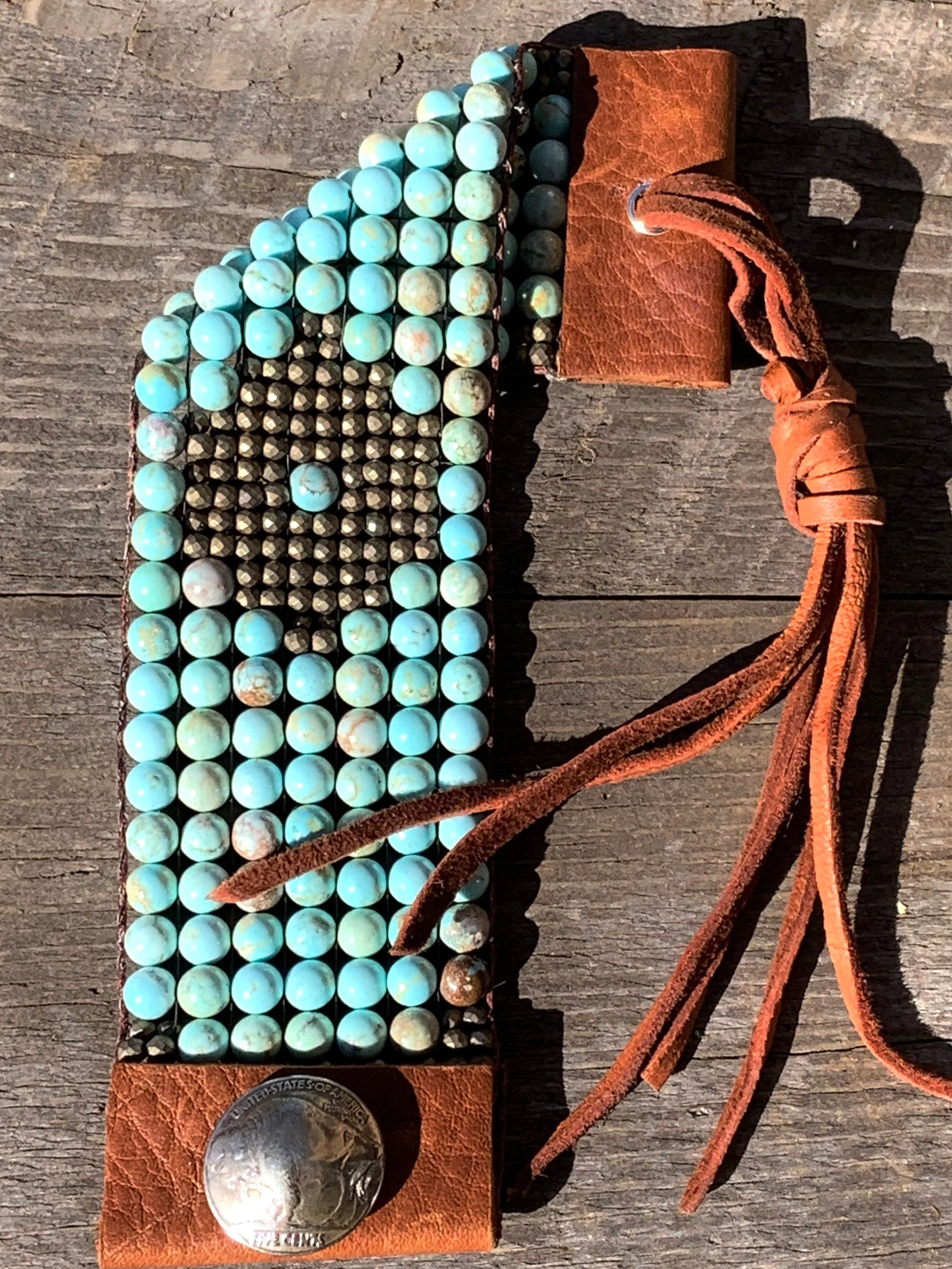 Turquoise and Leather Loom Cuff