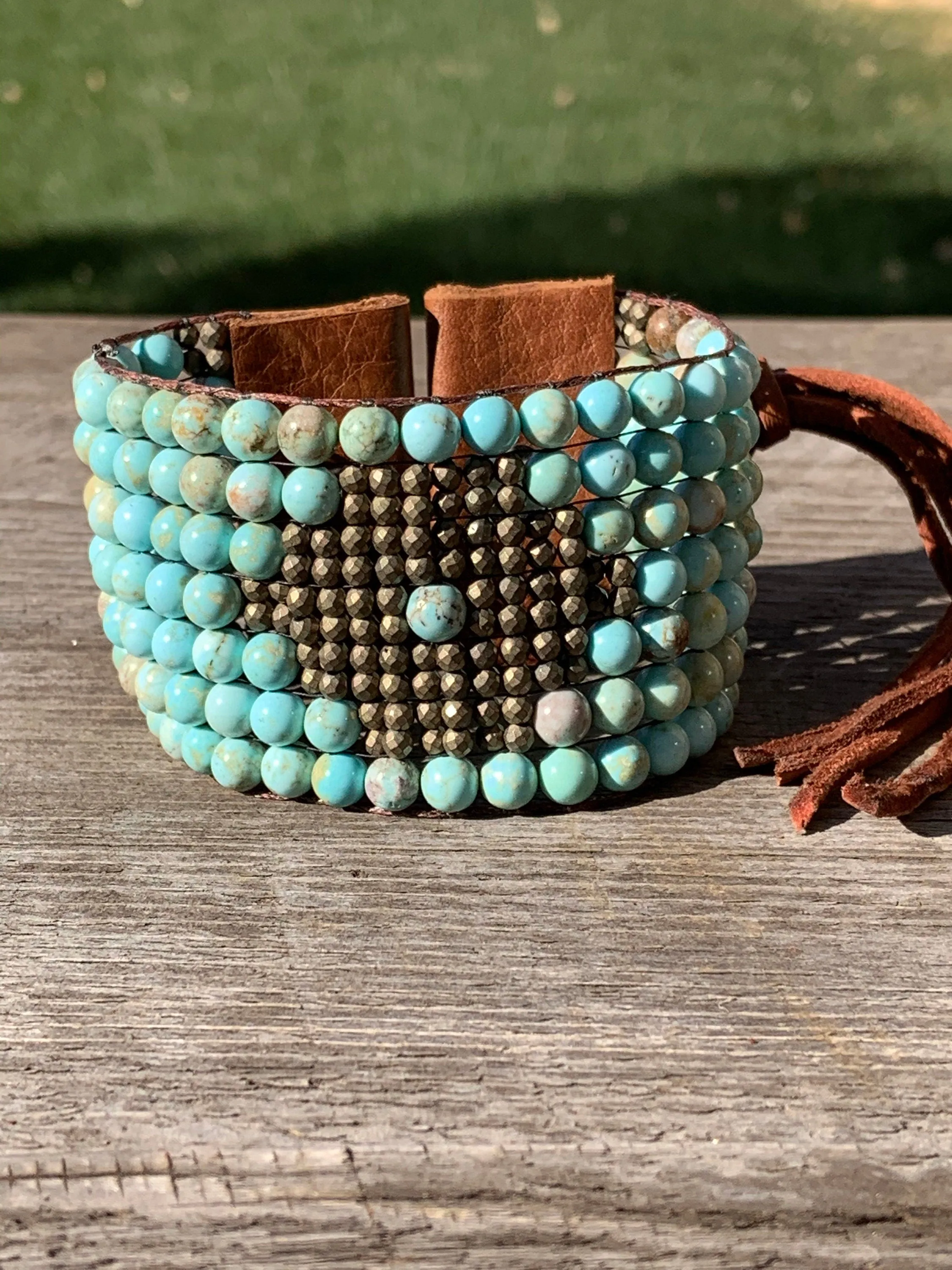 Turquoise and Leather Loom Cuff