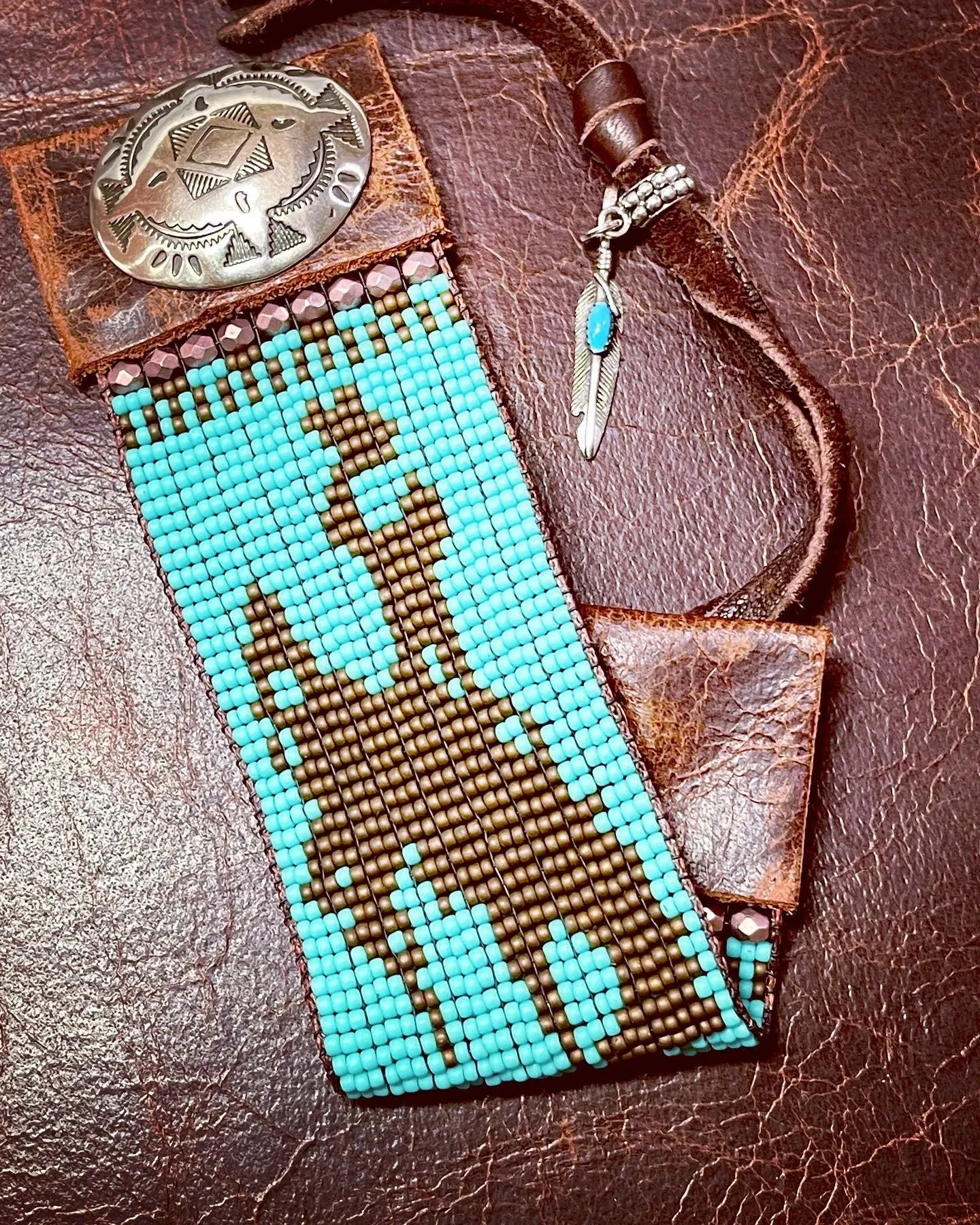 Turquoise Bronc Rider Hand Loomed Leather Cuff Bracelet