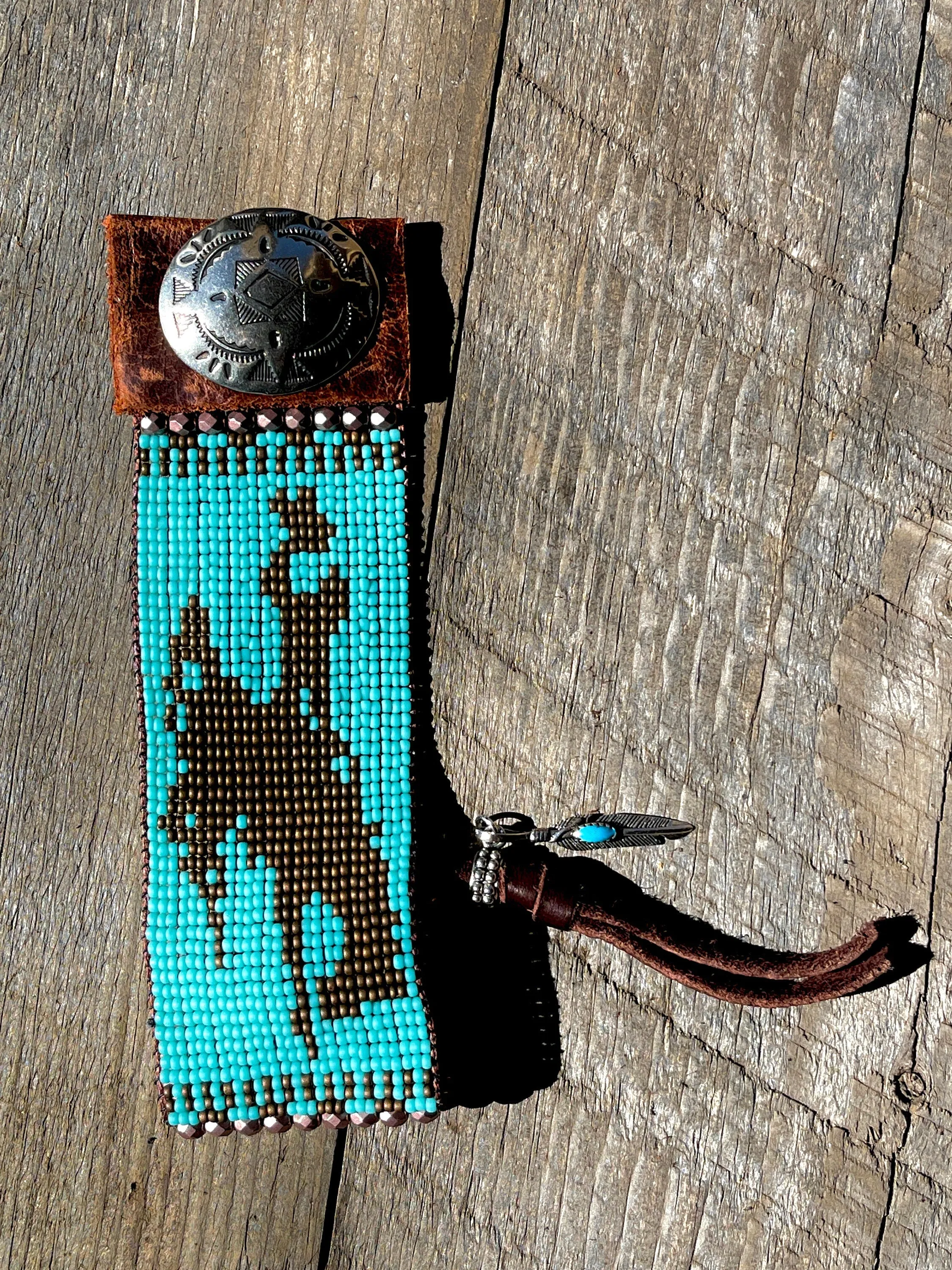 Turquoise Bronc Rider Hand Loomed Leather Cuff Bracelet