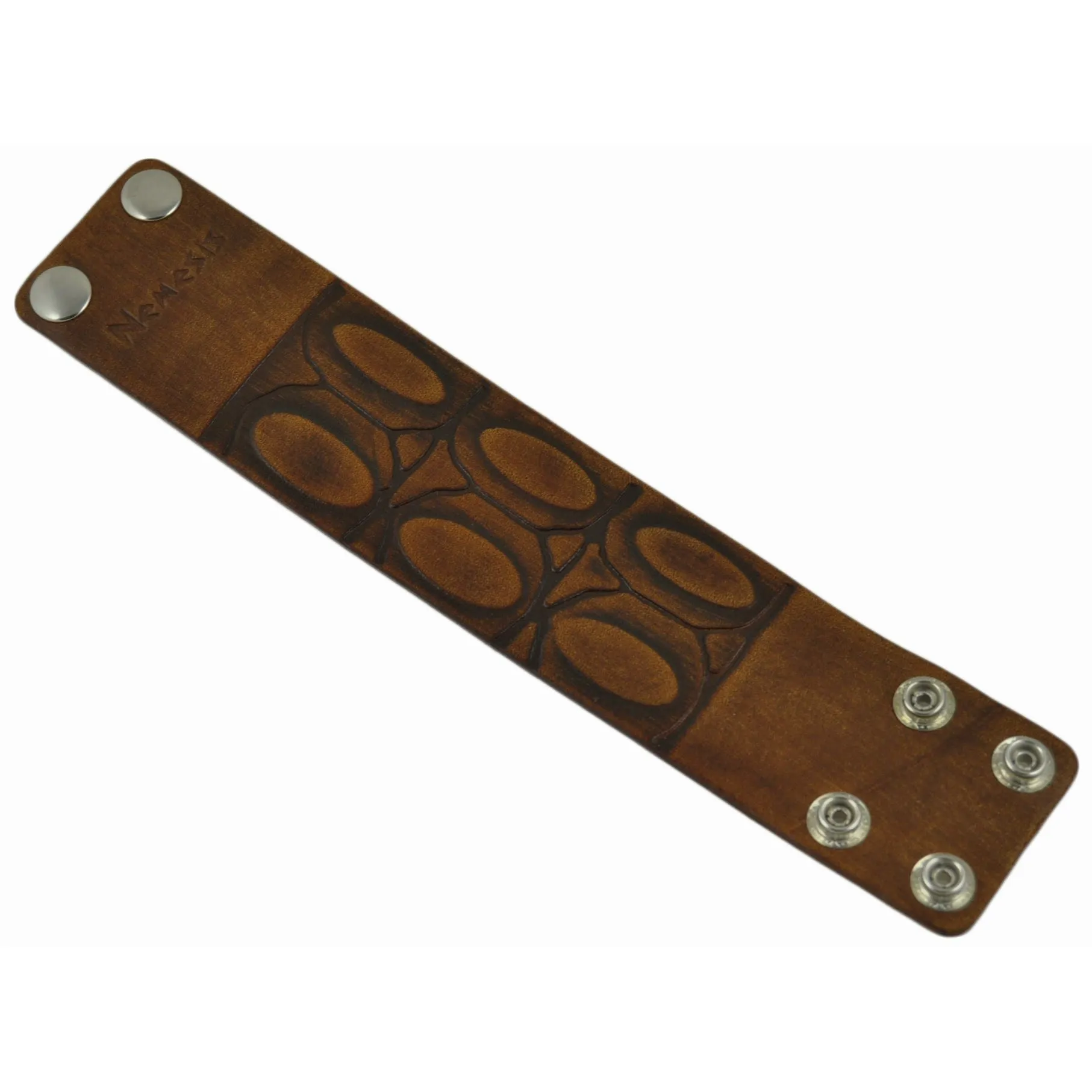 Turtle Shell Engraved Brown Leather Snap On Cuff
