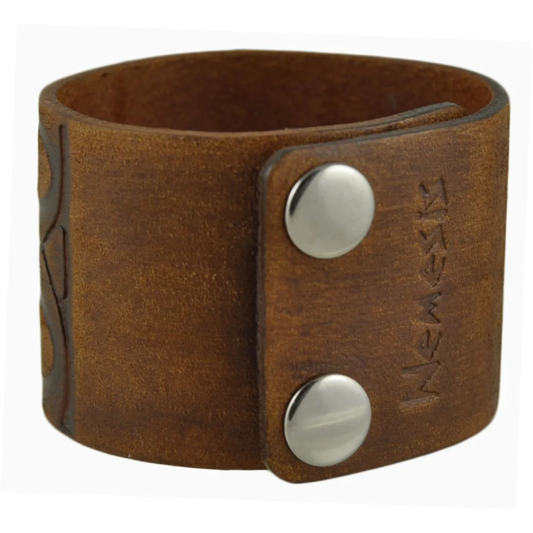 Turtle Shell Engraved Brown Leather Snap On Cuff