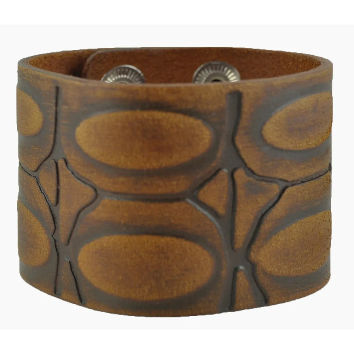 Turtle Shell Engraved Brown Leather Snap On Cuff