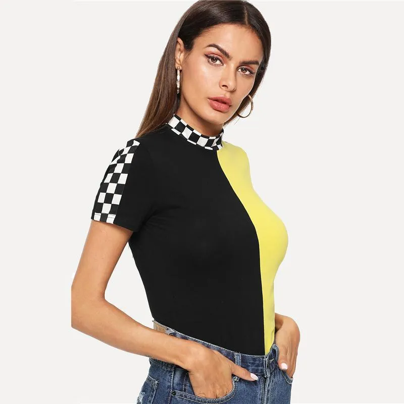 Two Tone Stand Collar Patchwork T-Shirt