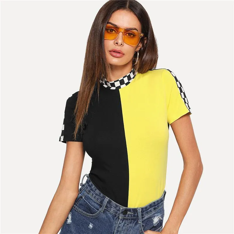 Two Tone Stand Collar Patchwork T-Shirt