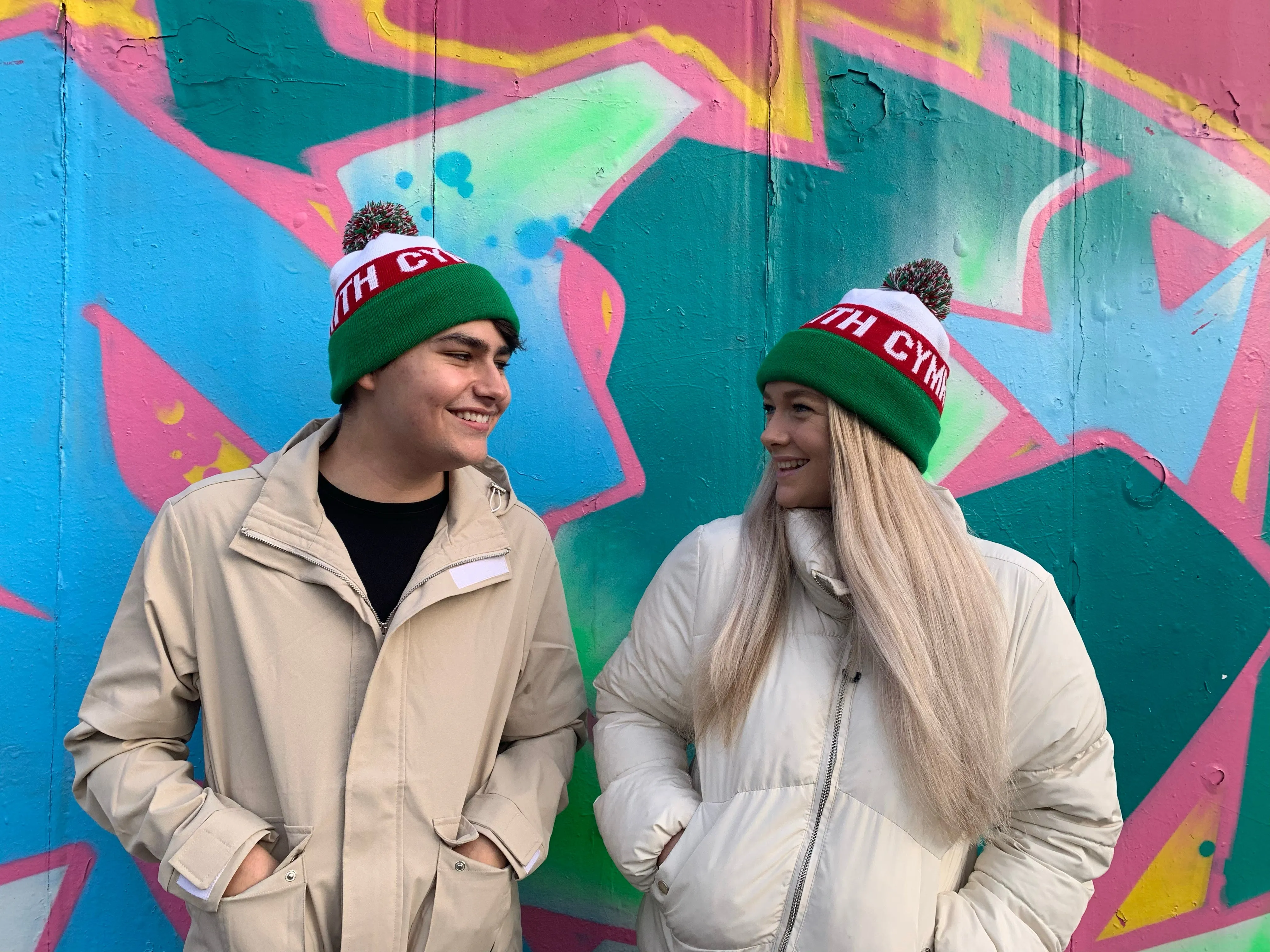 Urdd red white and green bobble hat