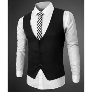 V Neck Fake Belt Sleeveless Formal Waistcoat - Black Xl
