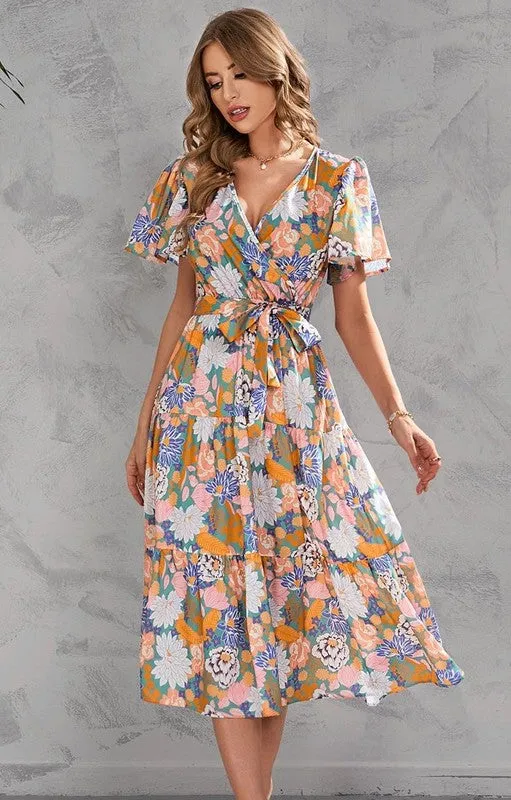V-neck floral tiered midi dress