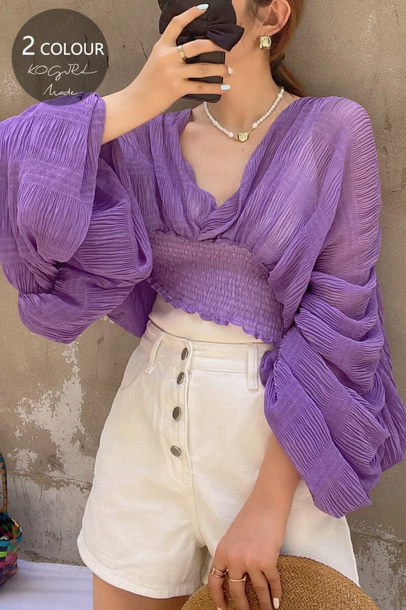 V-neck Puff Long Short Blouses Female