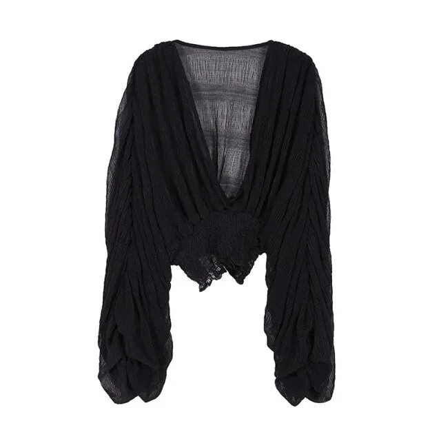 V-neck Puff Long Short Blouses Female