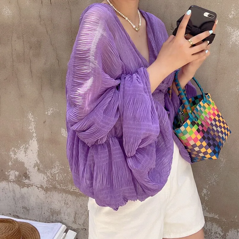 V-neck Puff Long Short Blouses Female