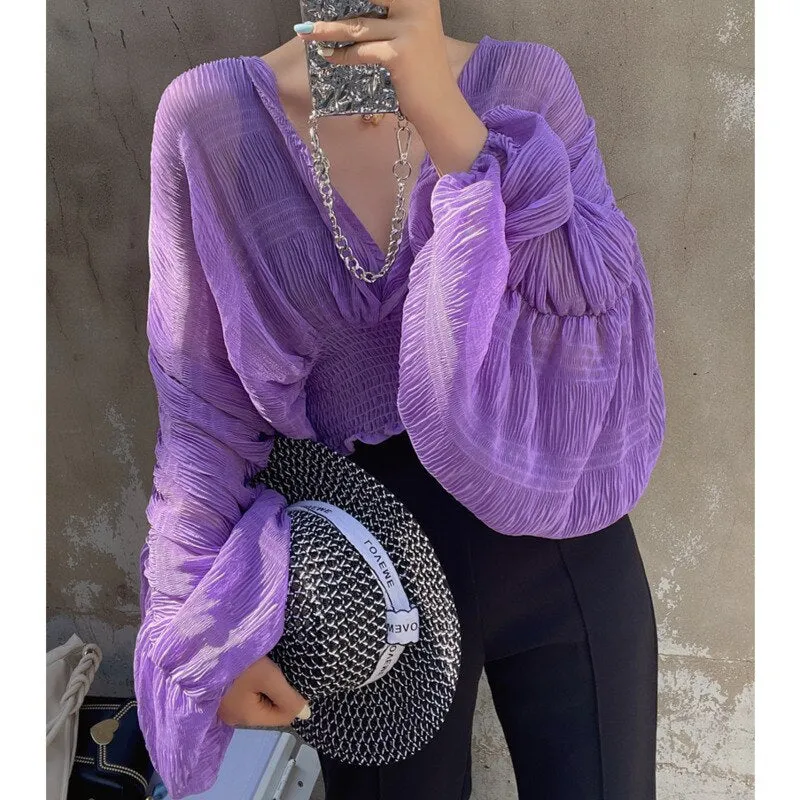 V-neck Puff Long Short Blouses Female