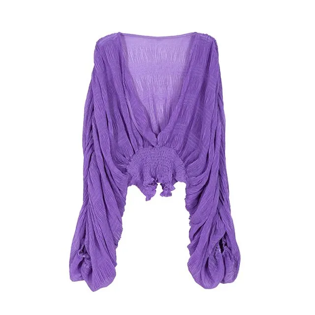 V-neck Puff Long Short Blouses Female
