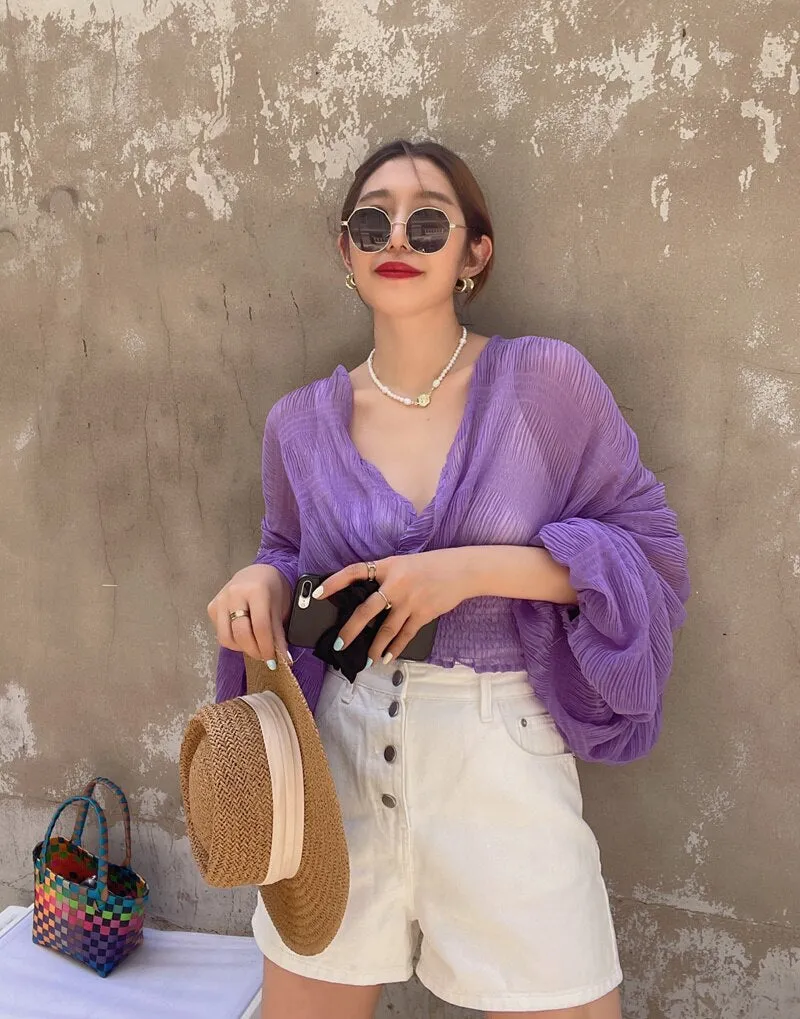 V-neck Puff Long Short Blouses Female
