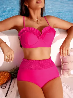 VCAY Women’s Vacation Solid Color Frilled Trim Halter Neck Sexy Bikini Swimwear Set