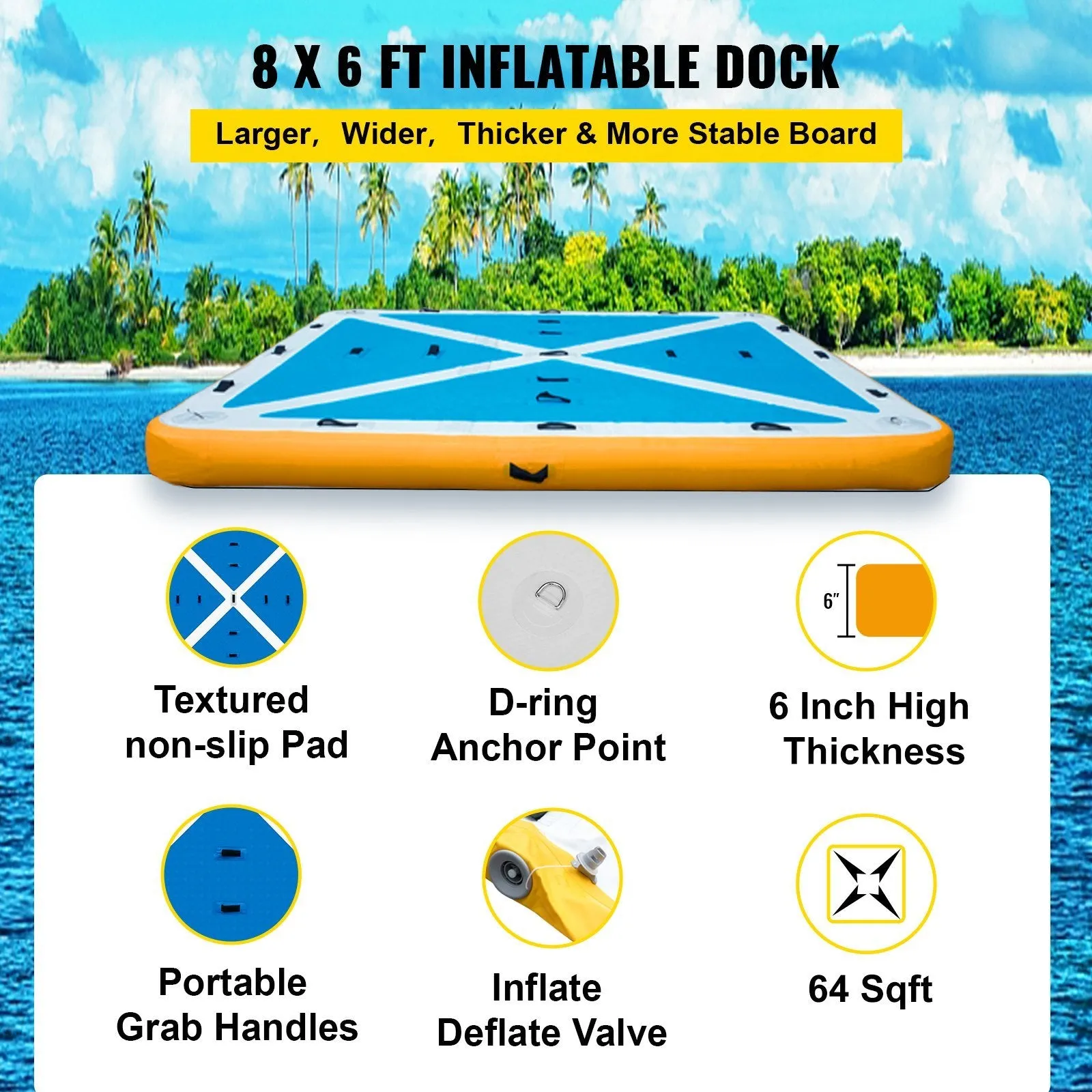 VEVOR Inflatable Floating Dock, Inflatable Dock Platform with Electric Air Pump, Inflatable Swim Platform 6 Inch Thick, Floating Dock 4-6 People, Floating Platform for Pool Beach Ocean (8 x 6 ft)