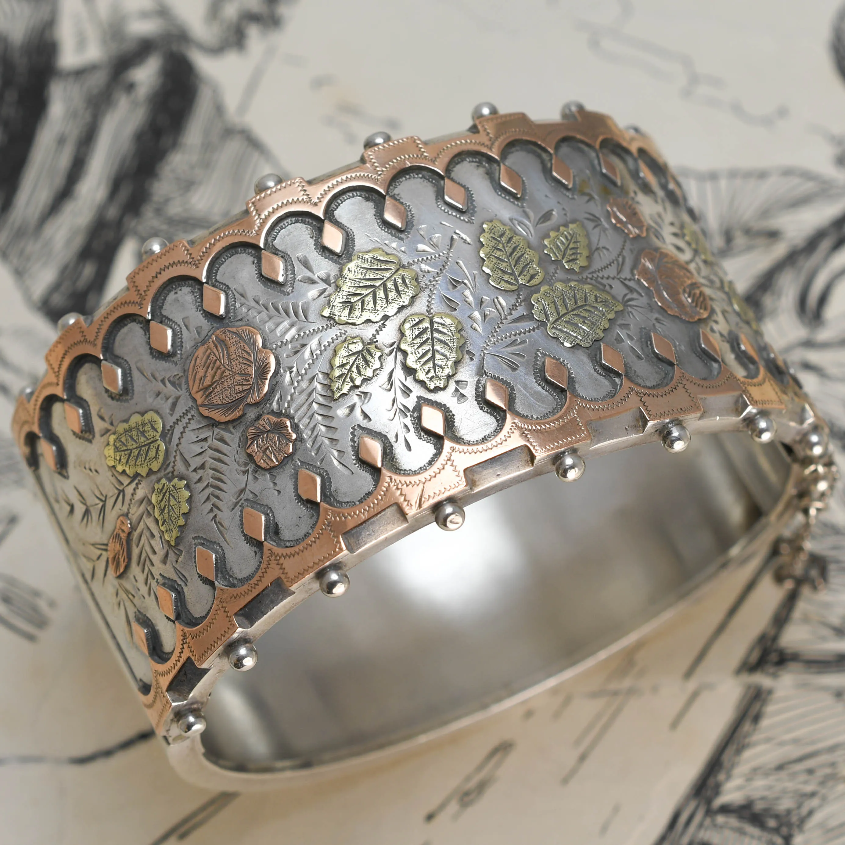 Victorian Silver & Two-Tone Gold Floral Cuff Bangle