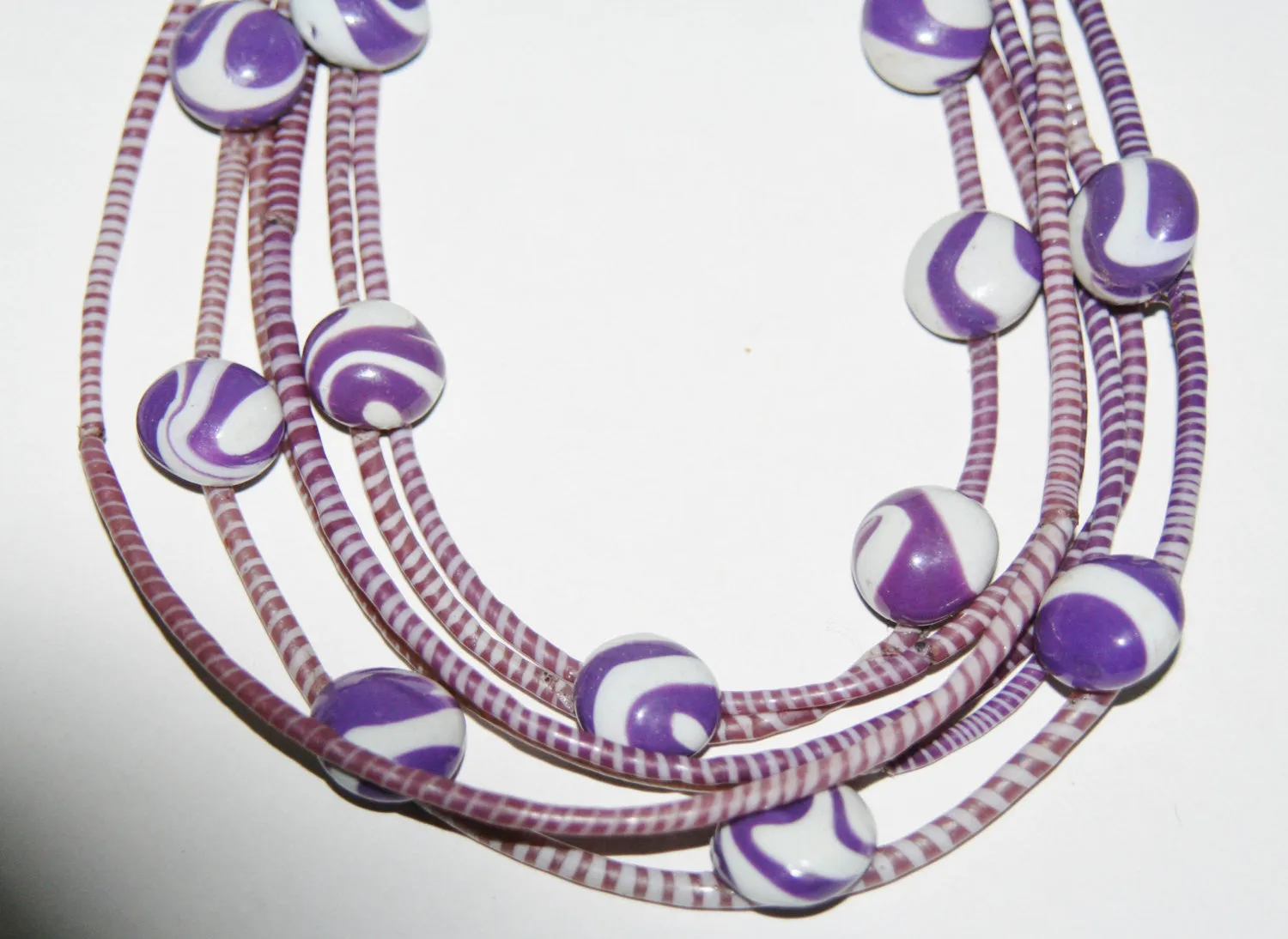 Vintage African Necklace Purple Recycled Flip Flops 6 Strand Multilayered Leather Closing