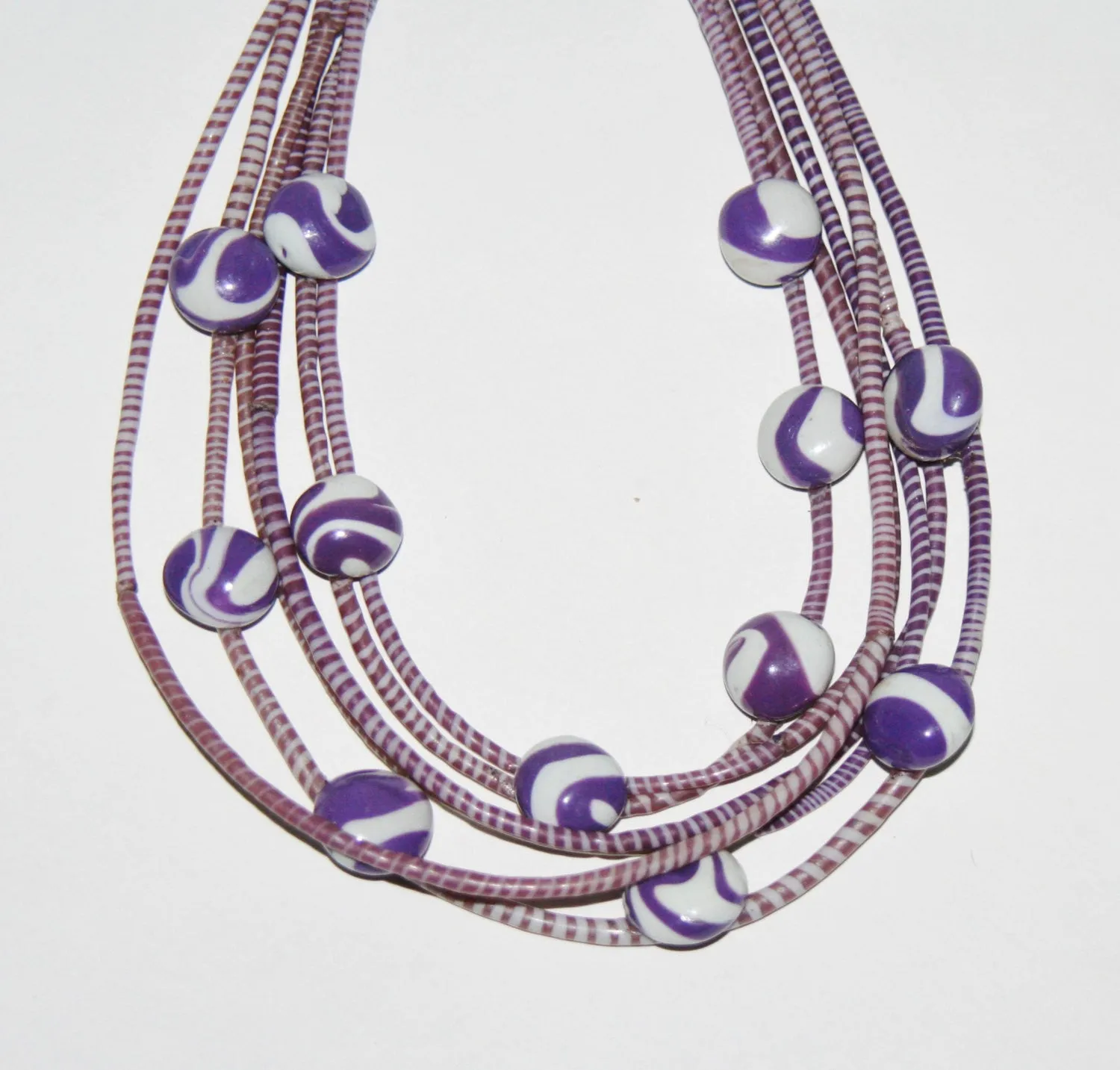 Vintage African Necklace Purple Recycled Flip Flops 6 Strand Multilayered Leather Closing