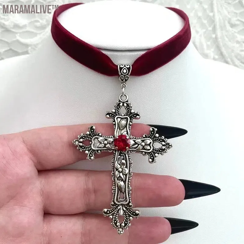 Vintage Gothic Large Cross Black Velvet Choker Ornate Cross Black Velvet  Grunge Choker Gift for Her