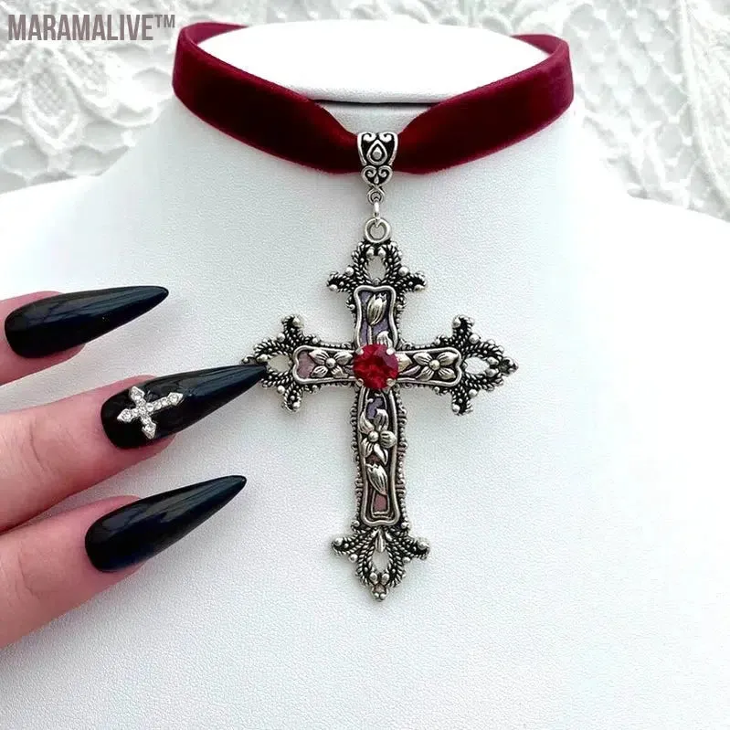 Vintage Gothic Large Cross Black Velvet Choker Ornate Cross Black Velvet  Grunge Choker Gift for Her