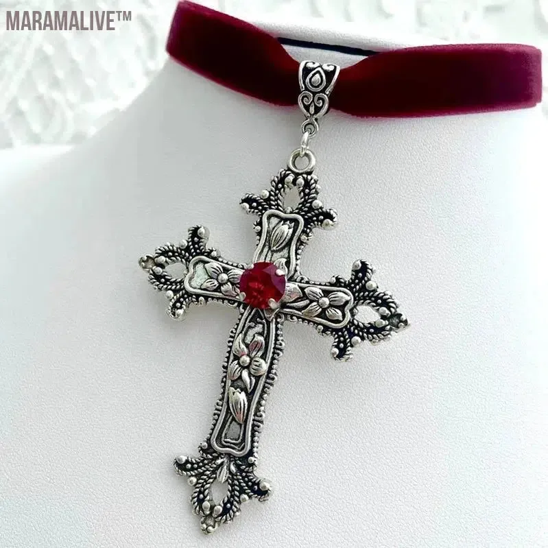 Vintage Gothic Large Cross Black Velvet Choker Ornate Cross Black Velvet  Grunge Choker Gift for Her