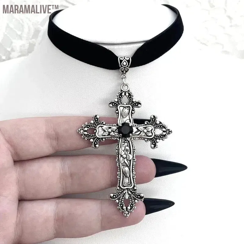 Vintage Gothic Large Cross Black Velvet Choker Ornate Cross Black Velvet  Grunge Choker Gift for Her