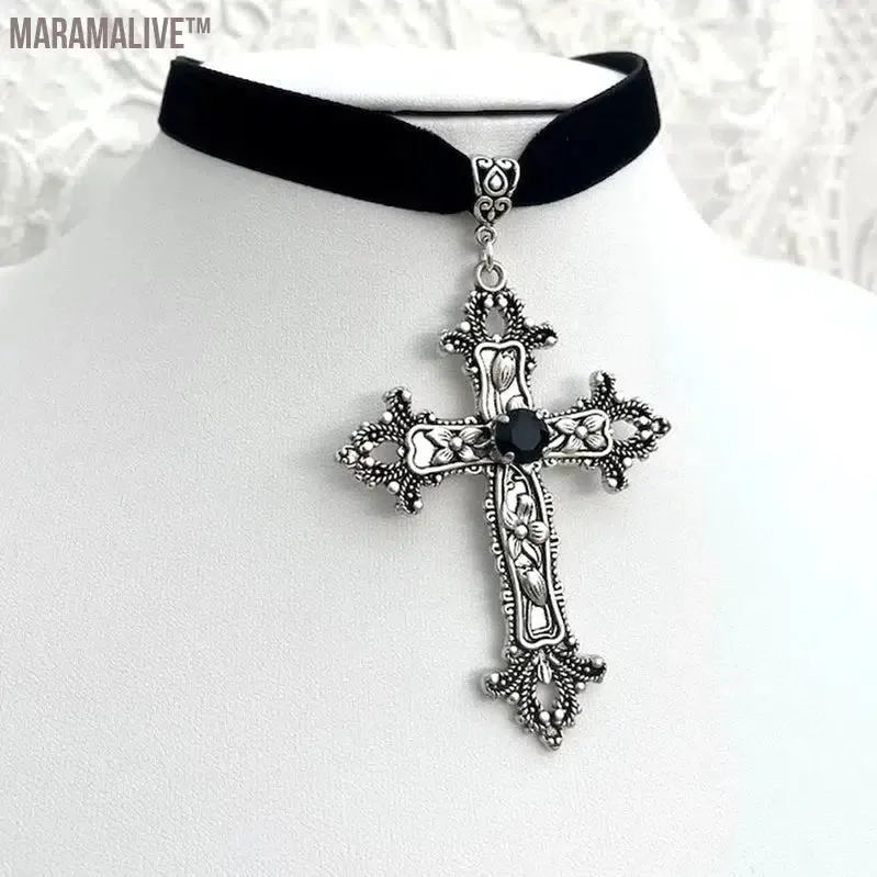 Vintage Gothic Large Cross Black Velvet Choker Ornate Cross Black Velvet  Grunge Choker Gift for Her