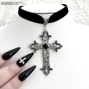 Vintage Gothic Large Cross Black Velvet Choker Ornate Cross Black Velvet  Grunge Choker Gift for Her