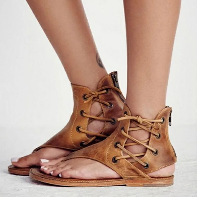 Vintage Lace Up Leather Flip Flops Sandals
