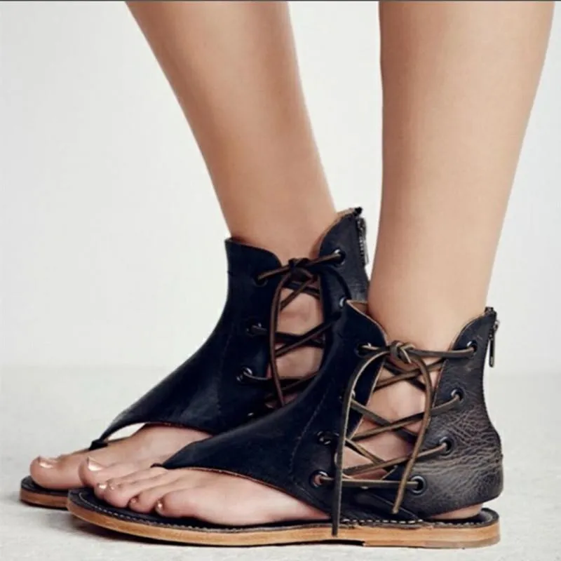Vintage Lace Up Leather Flip Flops Sandals