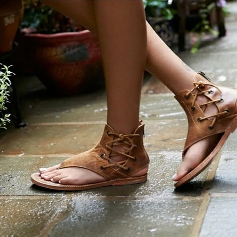Vintage Lace Up Leather Flip Flops Sandals
