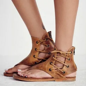 Vintage Lace Up Leather Flip Flops Sandals