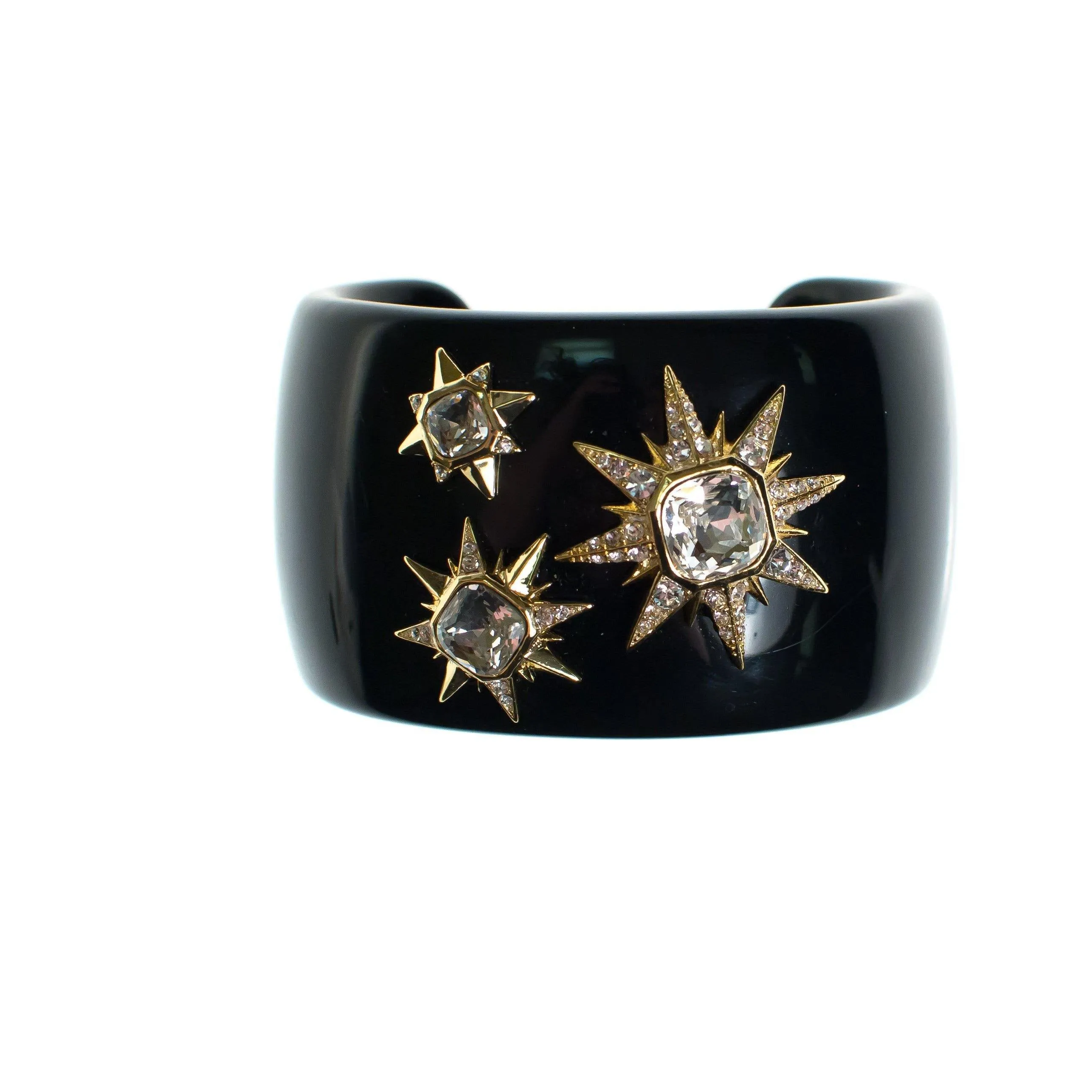 Vintage Louise et Cie Black Lucite Cuff with Gold Rhinestone Stars