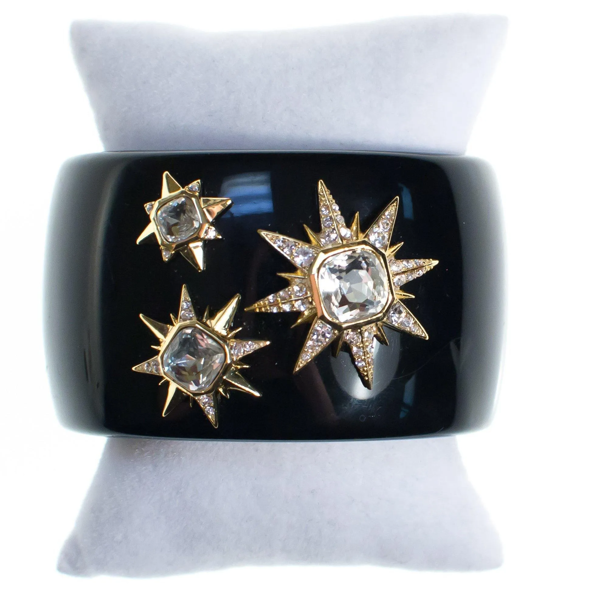 Vintage Louise et Cie Black Lucite Cuff with Gold Rhinestone Stars