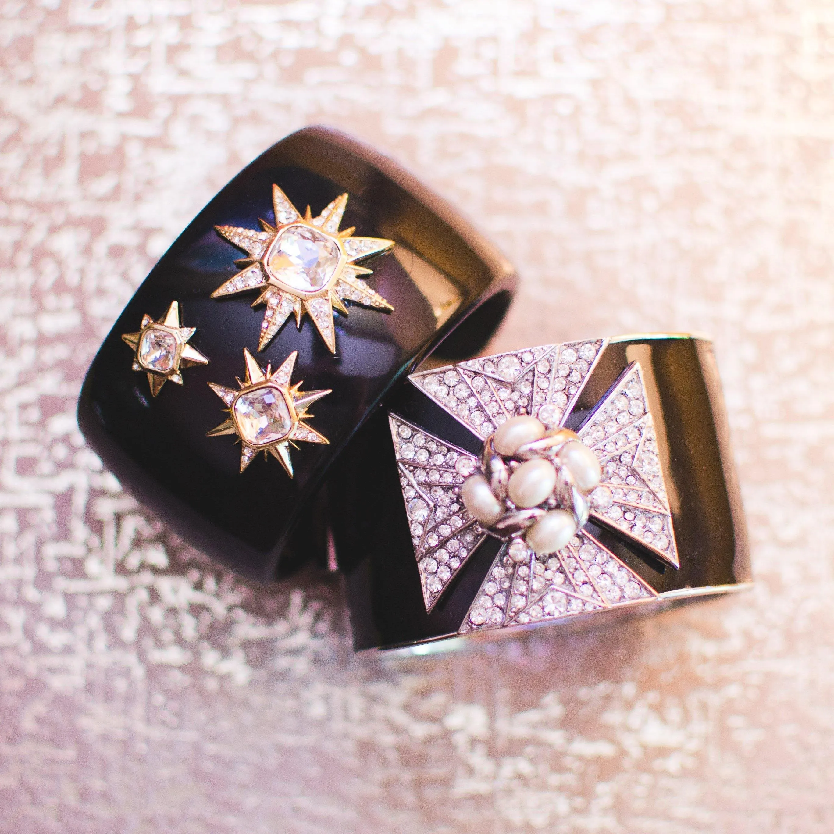 Vintage Louise et Cie Black Lucite Cuff with Gold Rhinestone Stars