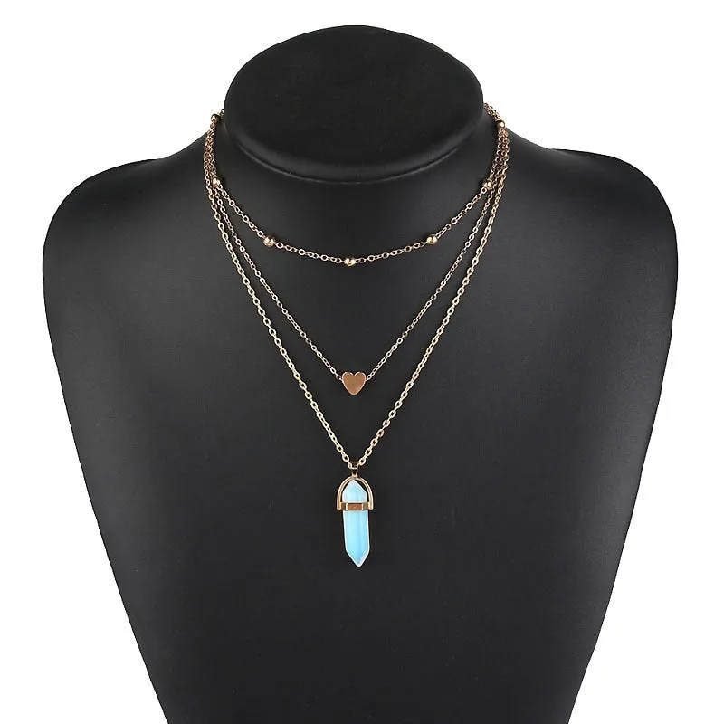 Vintage Multi Layer Crystal Heart Stone Chokers Necklaces