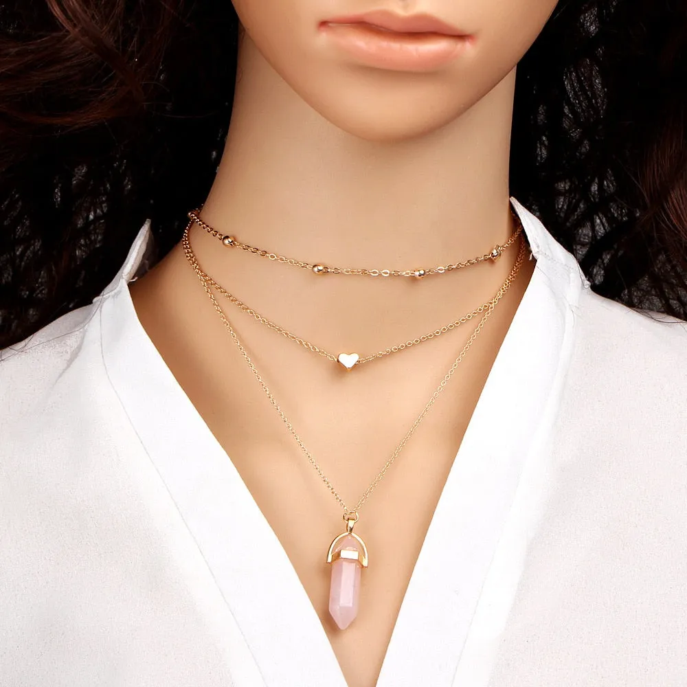 Vintage Multi Layer Crystal Heart Stone Chokers Necklaces