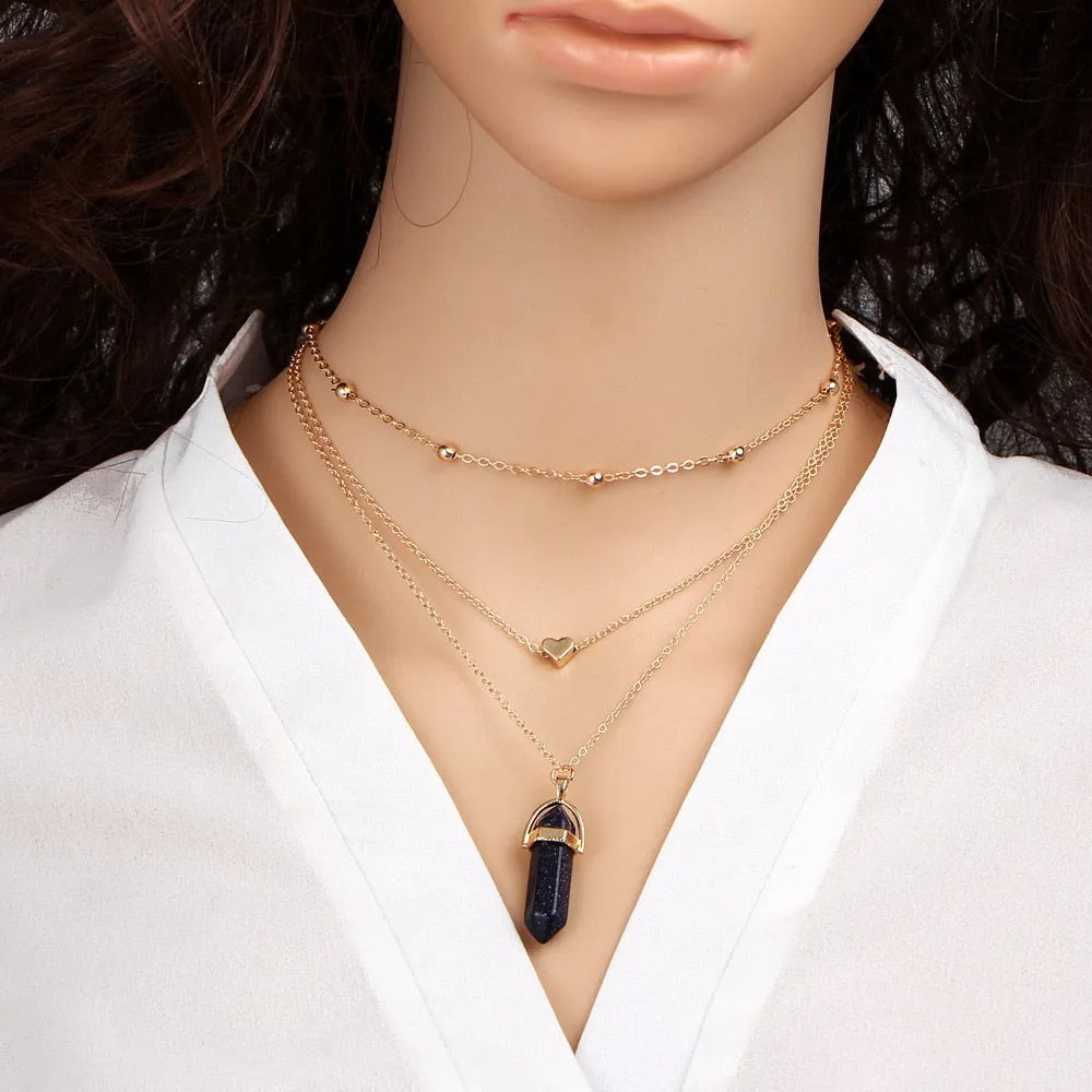 Vintage Multi Layer Crystal Heart Stone Chokers Necklaces