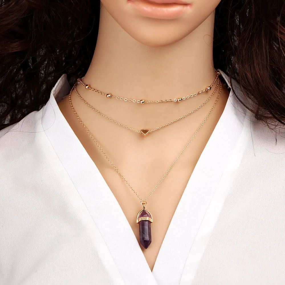 Vintage Multi Layer Crystal Heart Stone Chokers Necklaces