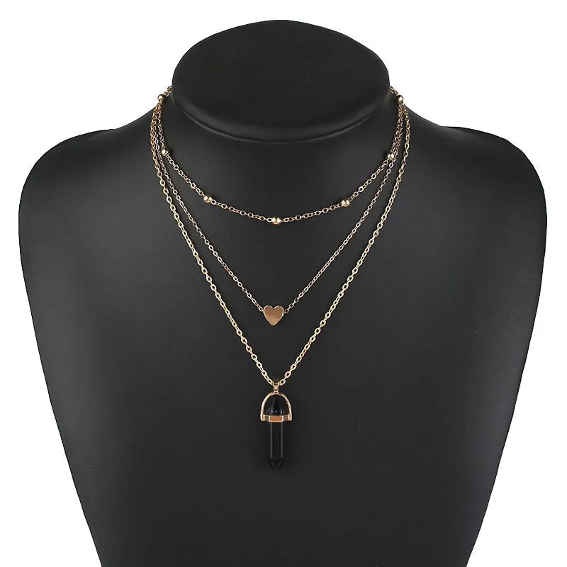 Vintage Multi Layer Crystal Heart Stone Chokers Necklaces
