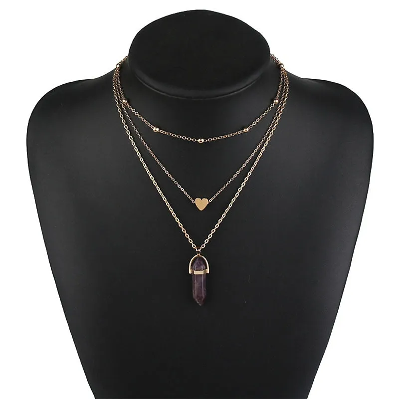 Vintage Multi Layer Crystal Heart Stone Chokers Necklaces